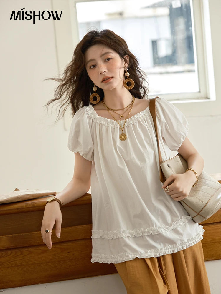 MISHOW Women's Fashion Puff Sleeve Blouse 2025 Summer Casual O-Neck Edible Tree Fungus Spliced Top Female Clothing MXE39X1929