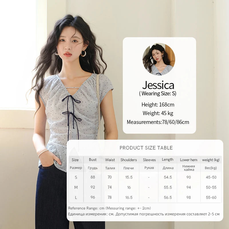 MISHOW Women's Elegant Blouses 2025 Summer Ladies V-Neck Bow Spliced Polka Dot Garment Sleeves Top Female Clothing MXE37X1909