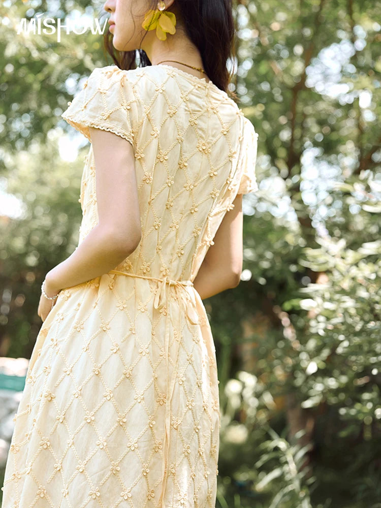 MISHOW Women's V-neck Lace Spliced Dress 2025 Summer New Embroidery Vacation French Style Jacquard Mid-Length Dresses MXE38L2378