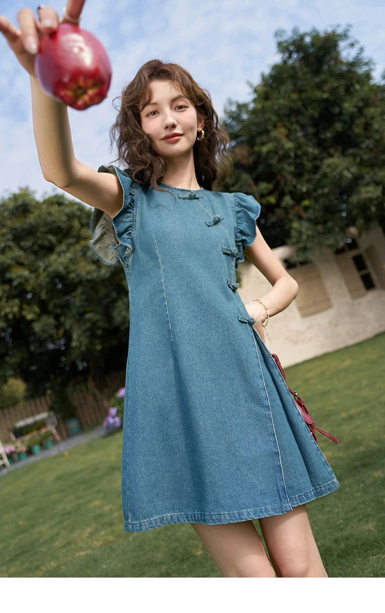 MISHOW Chinese Flying Sleeve Split Denim Dress 2024 Side Flap Buckle Round Neck Denim Waist Loose Knee-Length Dresses MXD22L1851
