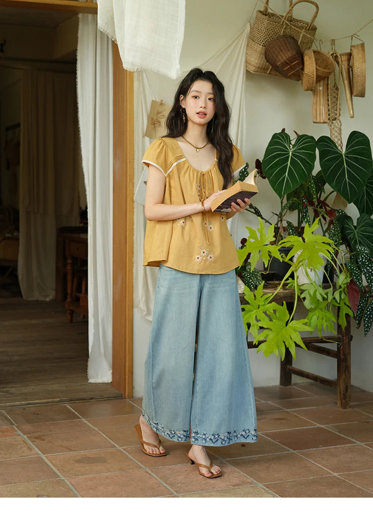 MISHOW Fashion Embroidery Flower Blouses for Woman 2025 Summer O-Neck Lace Up Flying Sleeve Lace Spliced Loose Top MXE39X1880