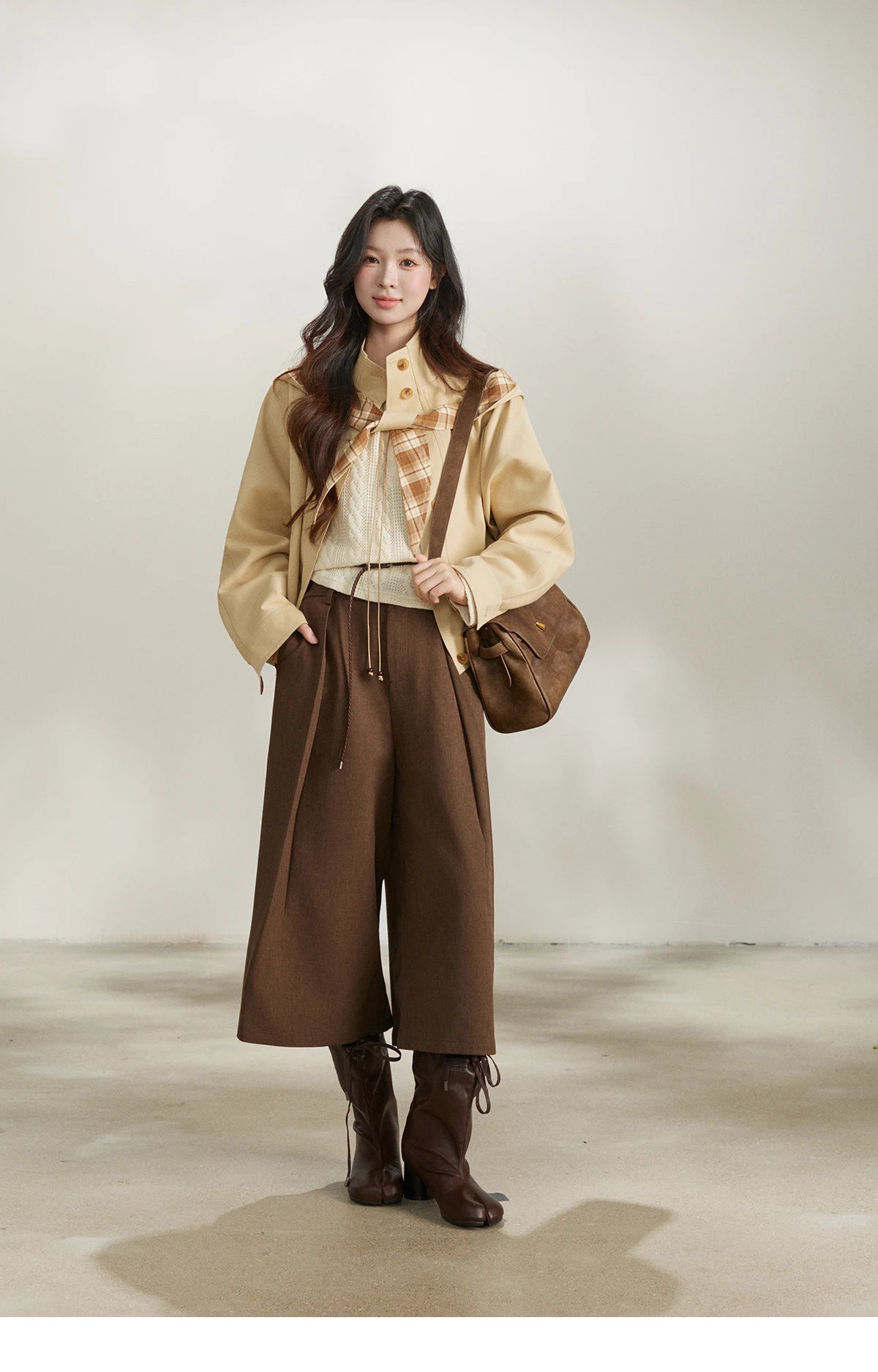 MISHOW Women's Khaki Cropped Trench Coat Spring Lapel Stand Collar Coats Removable Plaid Cap Casual Loose Jacket MXF108W1003