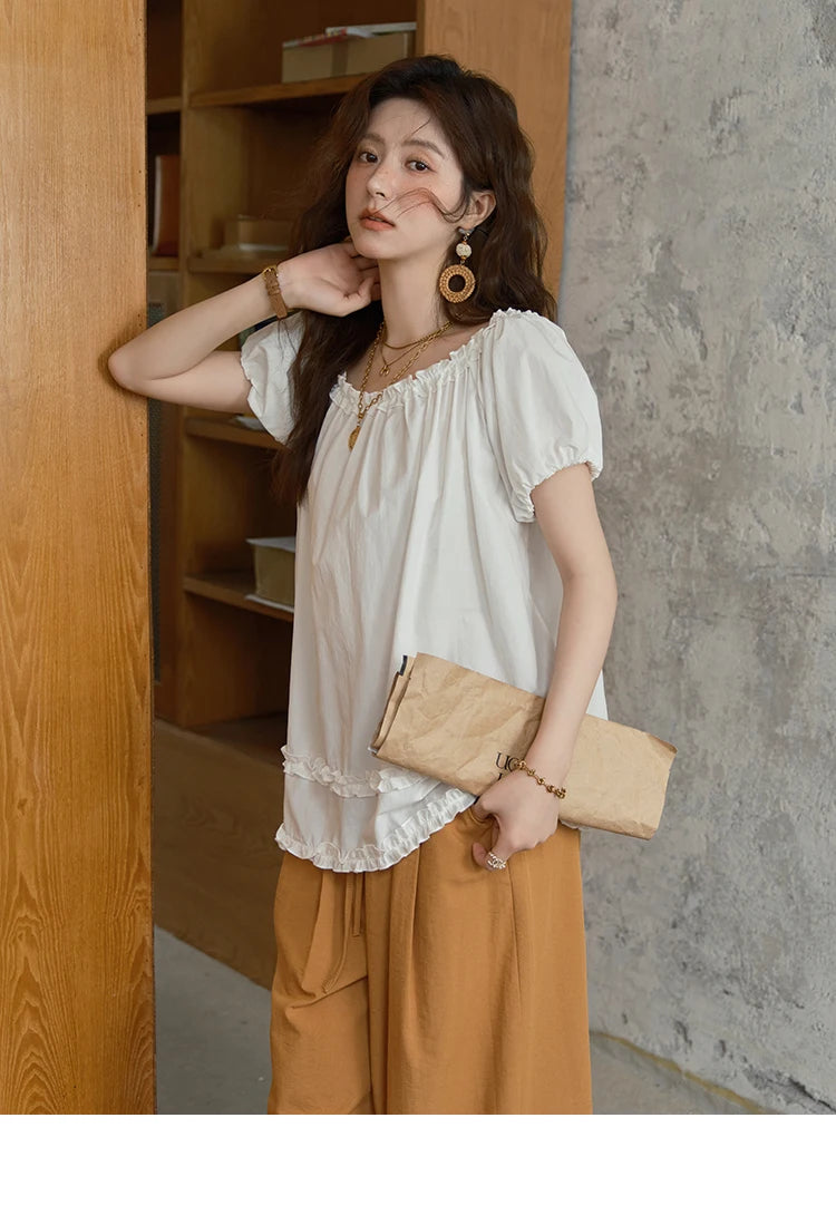 MISHOW Women's Fashion Puff Sleeve Blouse 2025 Summer Casual O-Neck Edible Tree Fungus Spliced Top Female Clothing MXE39X1929