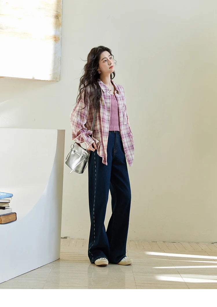 MISHOW Women's 100 Cotton Long-sleeve Purple Plaid Shirt Spring 2025 Loose Pockets Casual Shirts Korean Polo Neck Top MXE14C0417