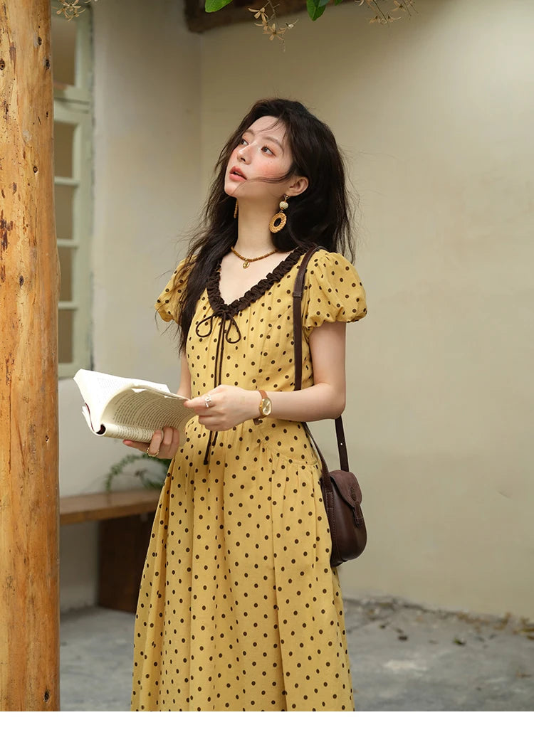 MISHOW Women's Casual Polka Dot Dress 2025 Summer New Ladies Puff Sleeve V-neck Lace Up Ruffle Edge Pocket Dresses MXE39L2326