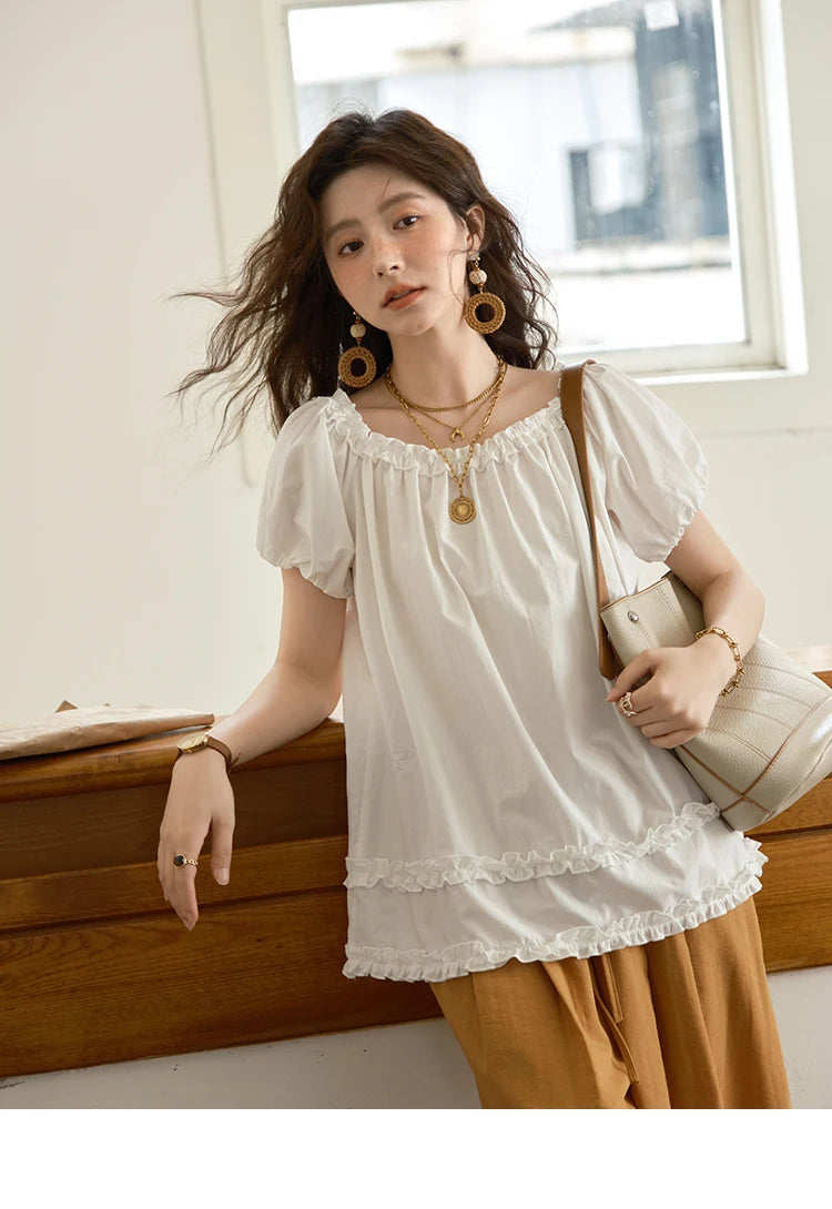 MISHOW Women's Fashion Puff Sleeve Blouse 2025 Summer Casual O-Neck Edible Tree Fungus Spliced Top Female Clothing MXE39X1929