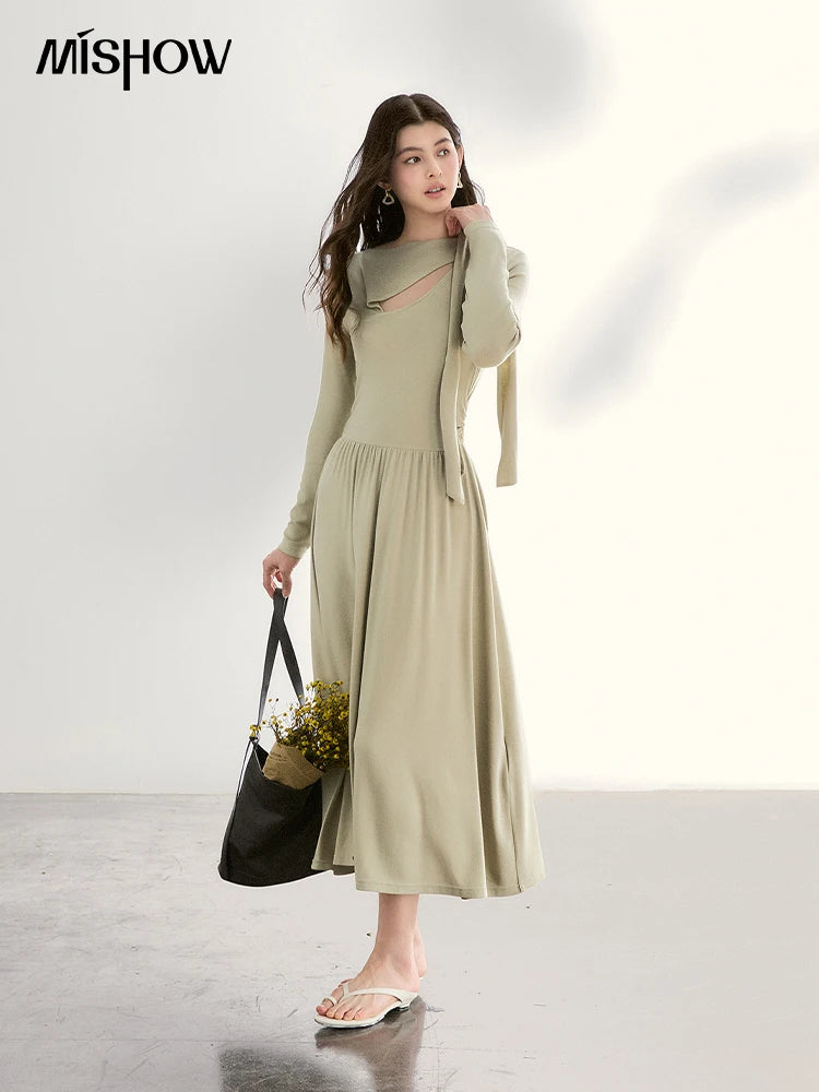 MISHOW Women's Light Green Midi Dress 2026 Spring Cutout Neck Hollow Out Ribbon Dresses Elegant Long Sleeve Dress MXF13L2556