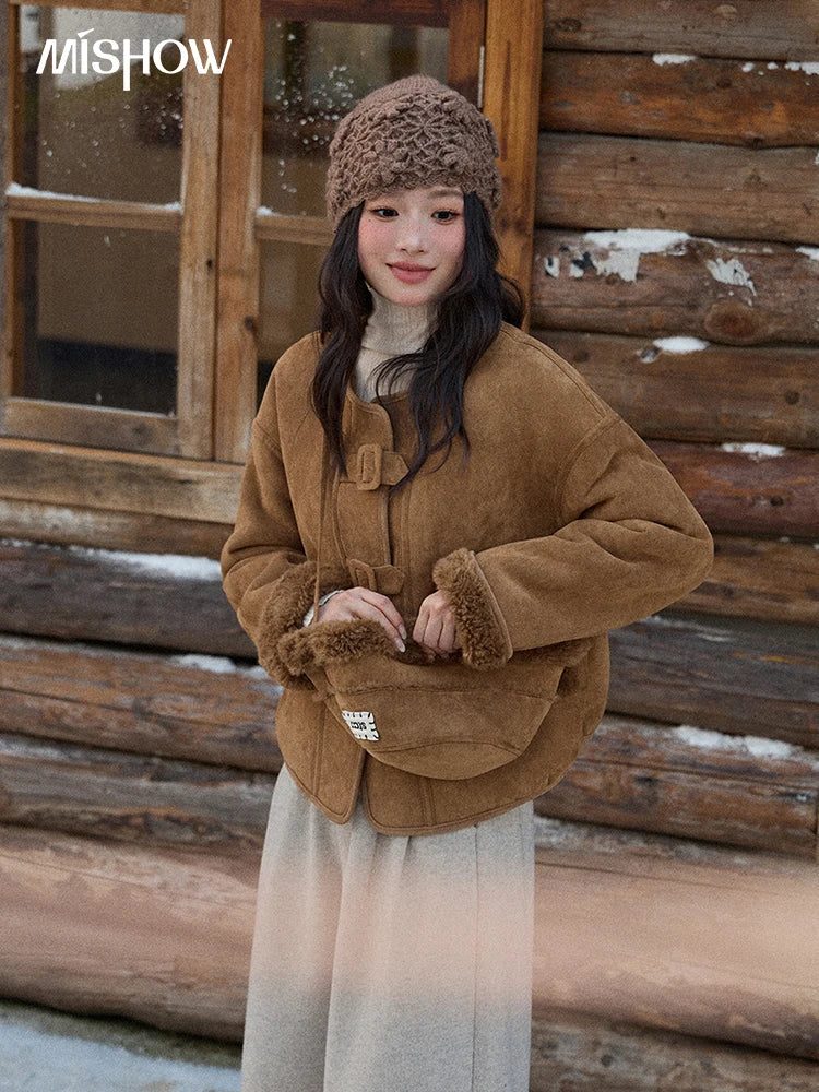 MISHOW Women's Warm Jacket 2025 Retro Luxury Brown Round Neck Long Sleeve Coat Commuting Windproof Loose Coat Woman  MXE90W0994