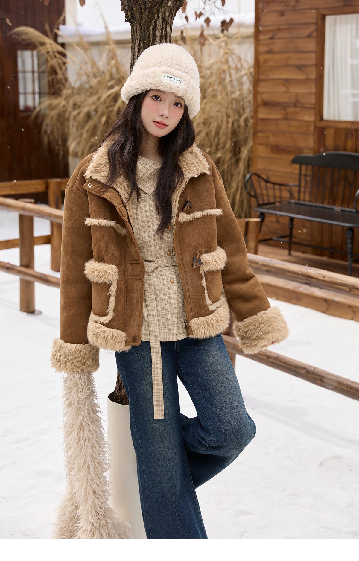 MISHOW Khaki Suede Jacket for Women 2025 Winter New Retro Stand Collar Zippered Jacket Pockets Long Sleeves Top MXE88W0886