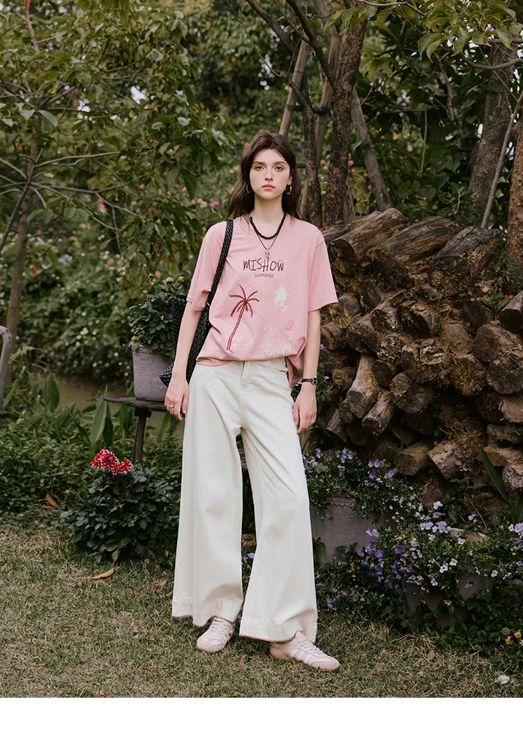 MISHOW Casual Print T-shirts Women 2025 Summer New Short Sleeve Round Neck Coconut Tree Pattern Shirt Woman Holiday MXE31T0516