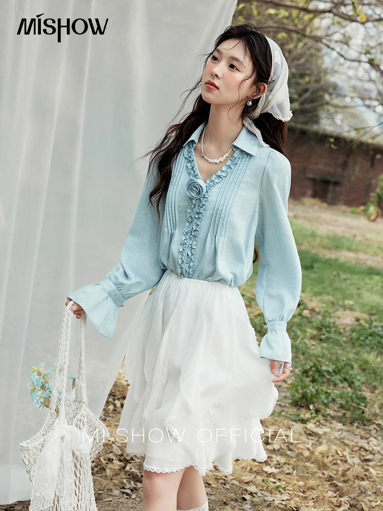 MISHOW Spring New Blouses for Women 2025 V-neck Long Flare Sleeve Solid Shirts Female Fashion Straight Tops Woman MXE14X1730