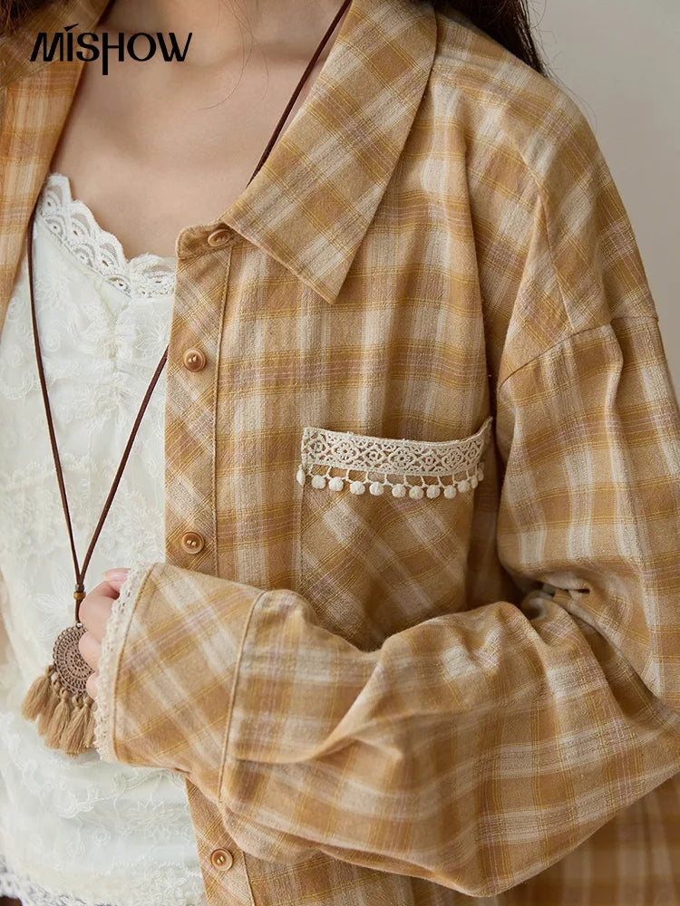 MISHOW Women's Retro Plaid Long Sleeved Shirt 2025 Autumn Korean Loose Casual Plaid Top with Lace Pocket Lapel Shirts MXE43C2378