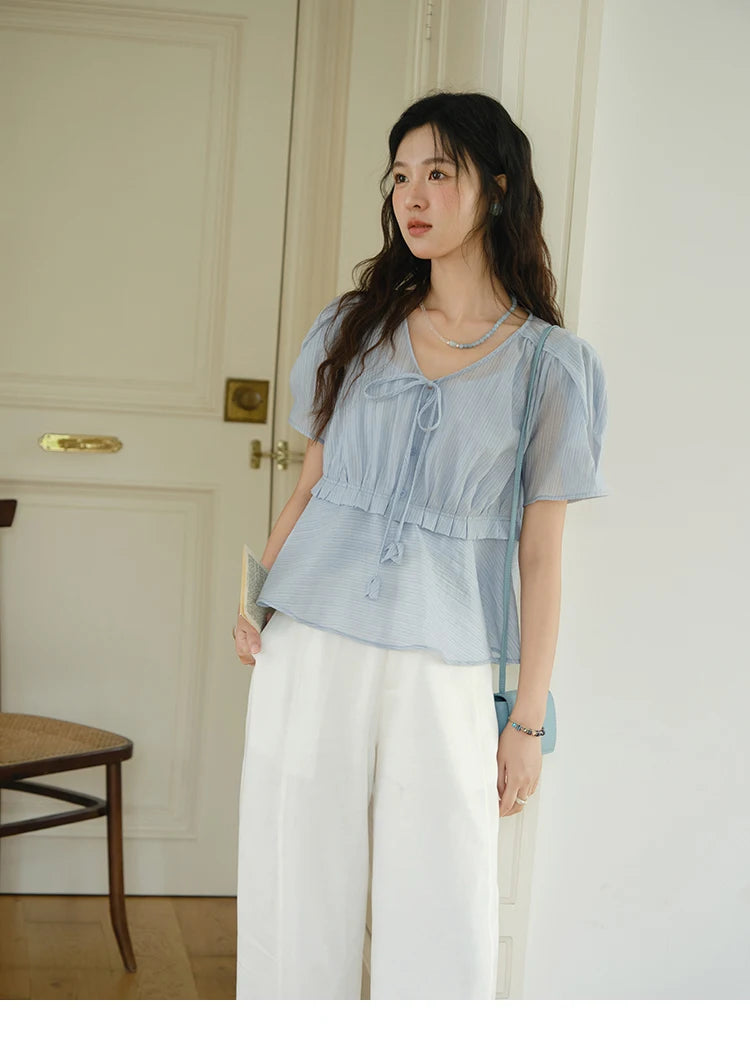 MISHOW Women's Fashion V-neck Blouse Summer 2025 New Splicing Button Commut Ladies Lace Up Casual Short Sleeve Top MXE34X1821