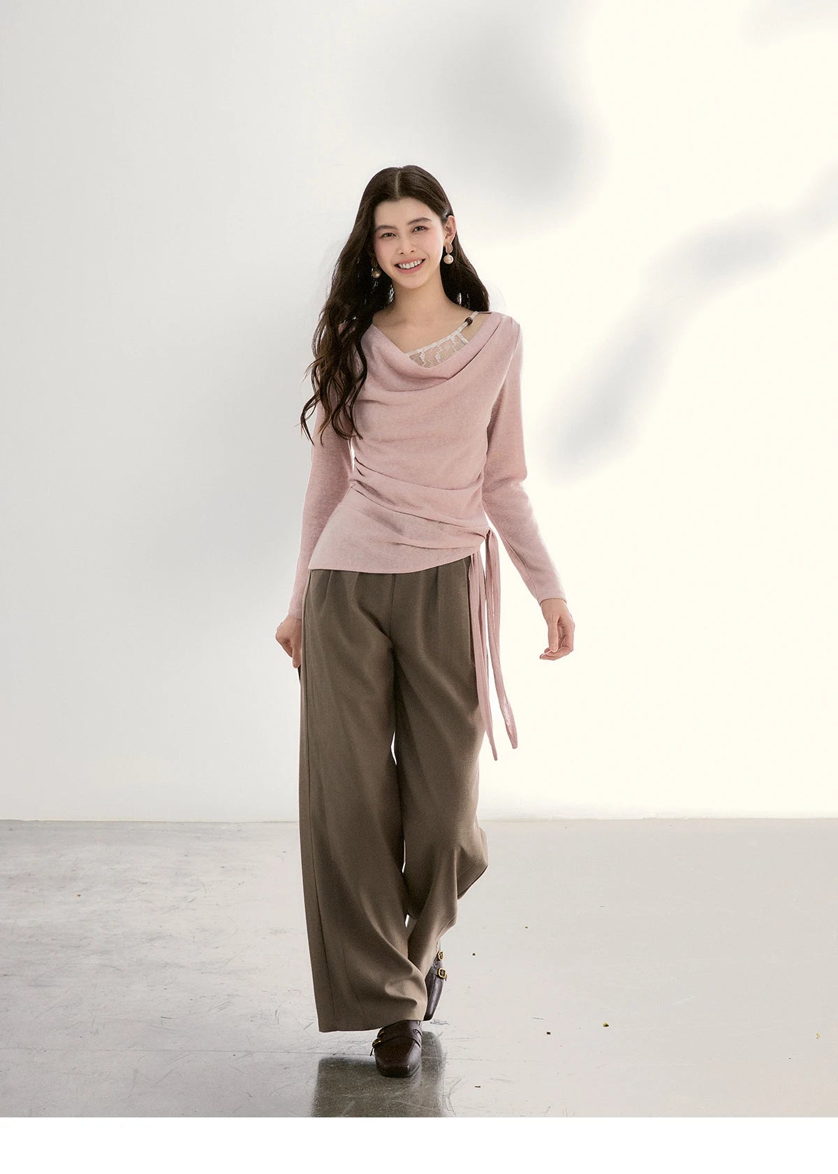 MISHOW Women's Splicing Lace Trim Draped Neck Long Sleeve Tops 2026 Spring Side Tie Ruched Irregular Casual Slim Tees MXF13Z2995