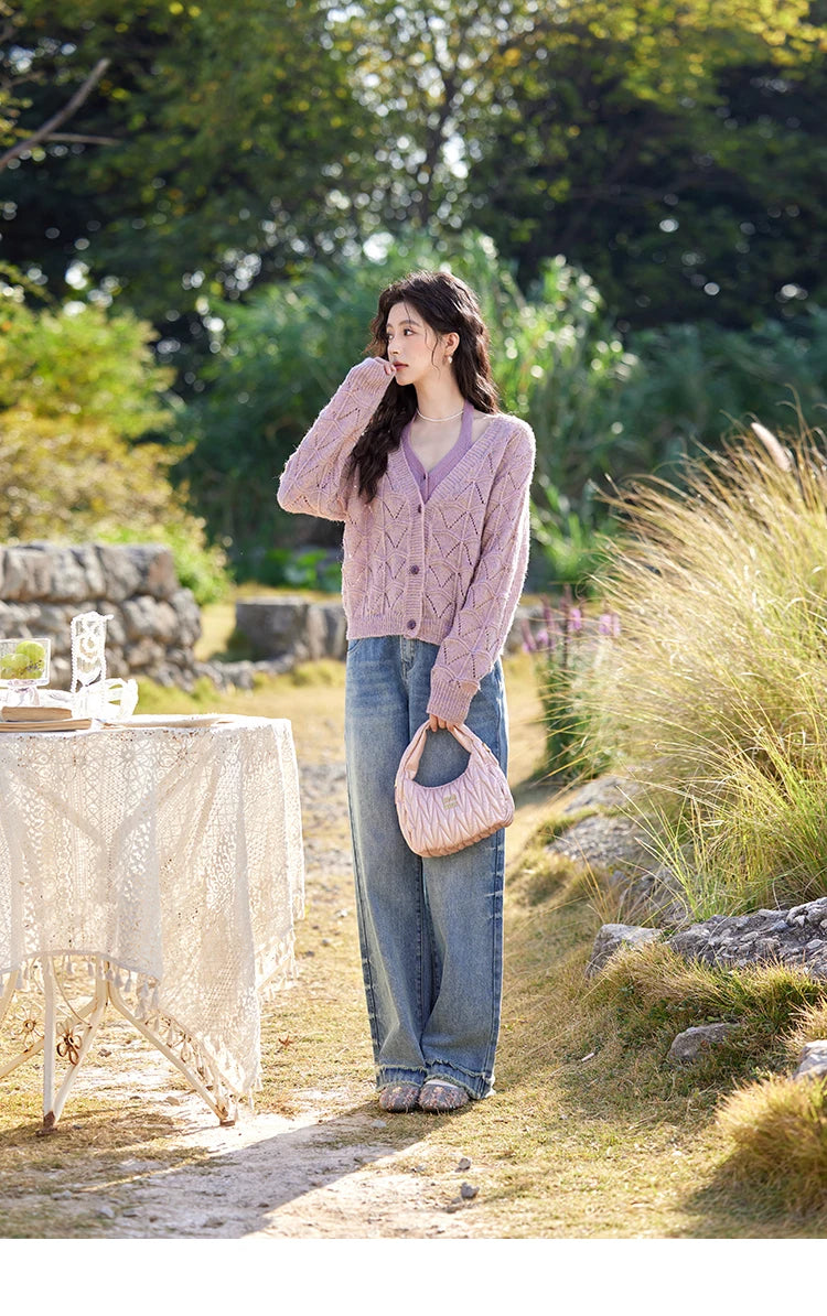 MISHOW French Knit Cardigan Women Separately 2025 Spring New Korean Casual Diamond Plaid Sweet V Neck Hollow Sweater MXE11Z1198