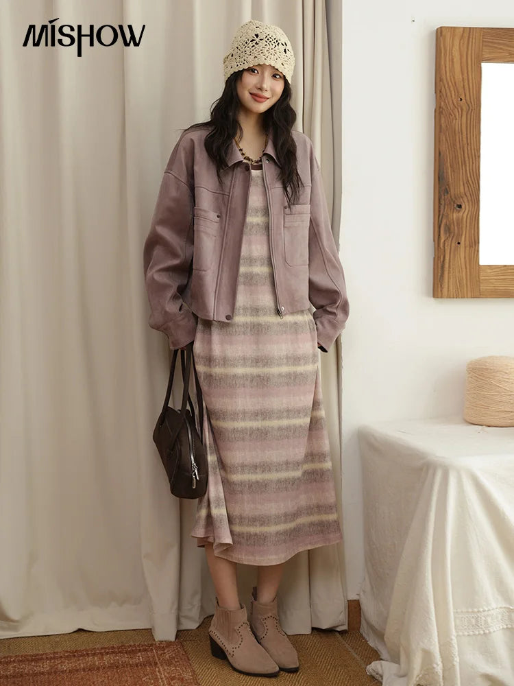 MISMHOW Taro Purple Leather Jacket Autumn 2025 Contrasting Splic Short Jackets Symmetrical Double-layer Pocket Coat MXE44W0816