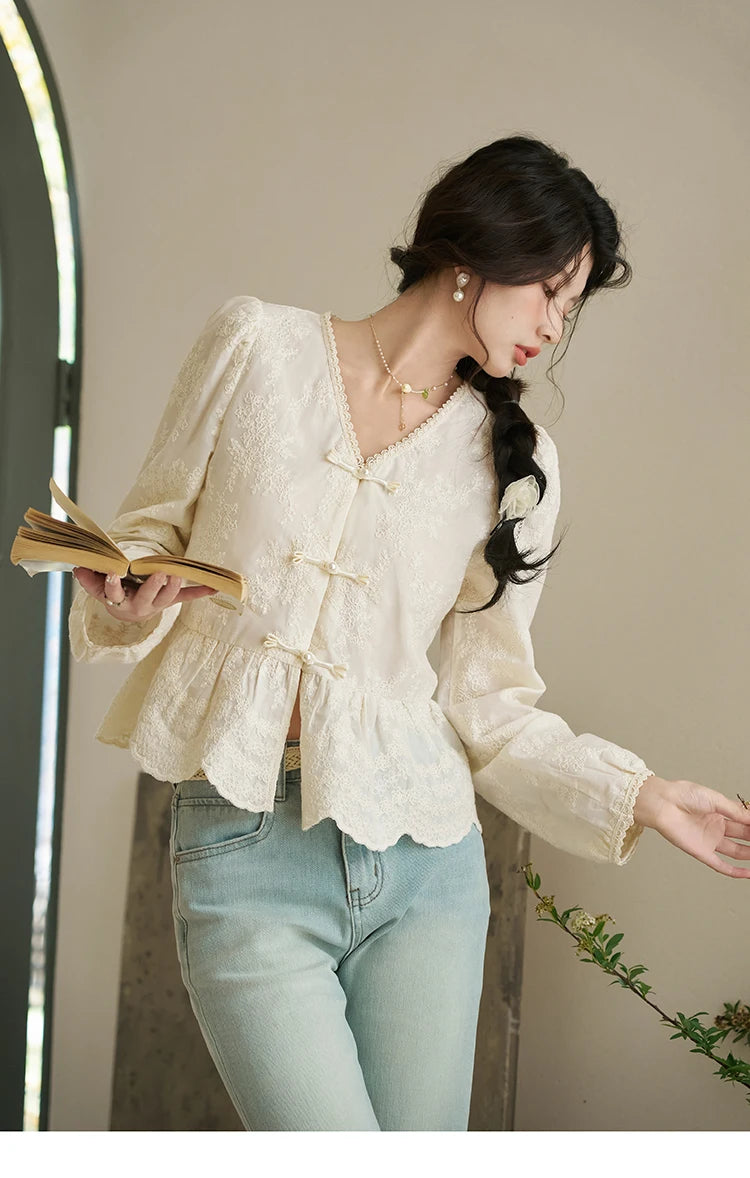 MISHOW Chinese Lace Blouses French Sweet Three-dimensional Embroidery Spring 2024 Button Up V-neck Long Sleeved Top MXD14X1433
