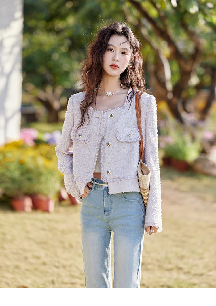 MISHOW Tassel Fragrant Coat for Women 2025 Spring Rose Buckle Weave Short Coats Elegant Square Neck Straight Coats MXE13W0733