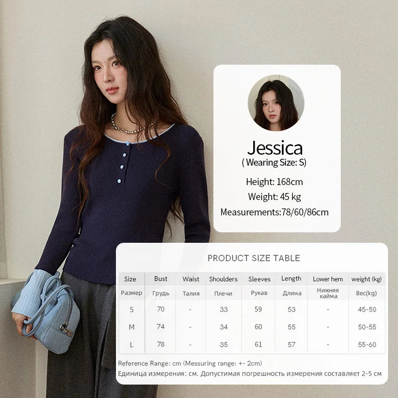 MISHOW Long Sleeves Sweater Women 2025 Winter New Retro Contrast Color Crew Neck Knit Top Comfortable Slim Sweater MXE89Z2639