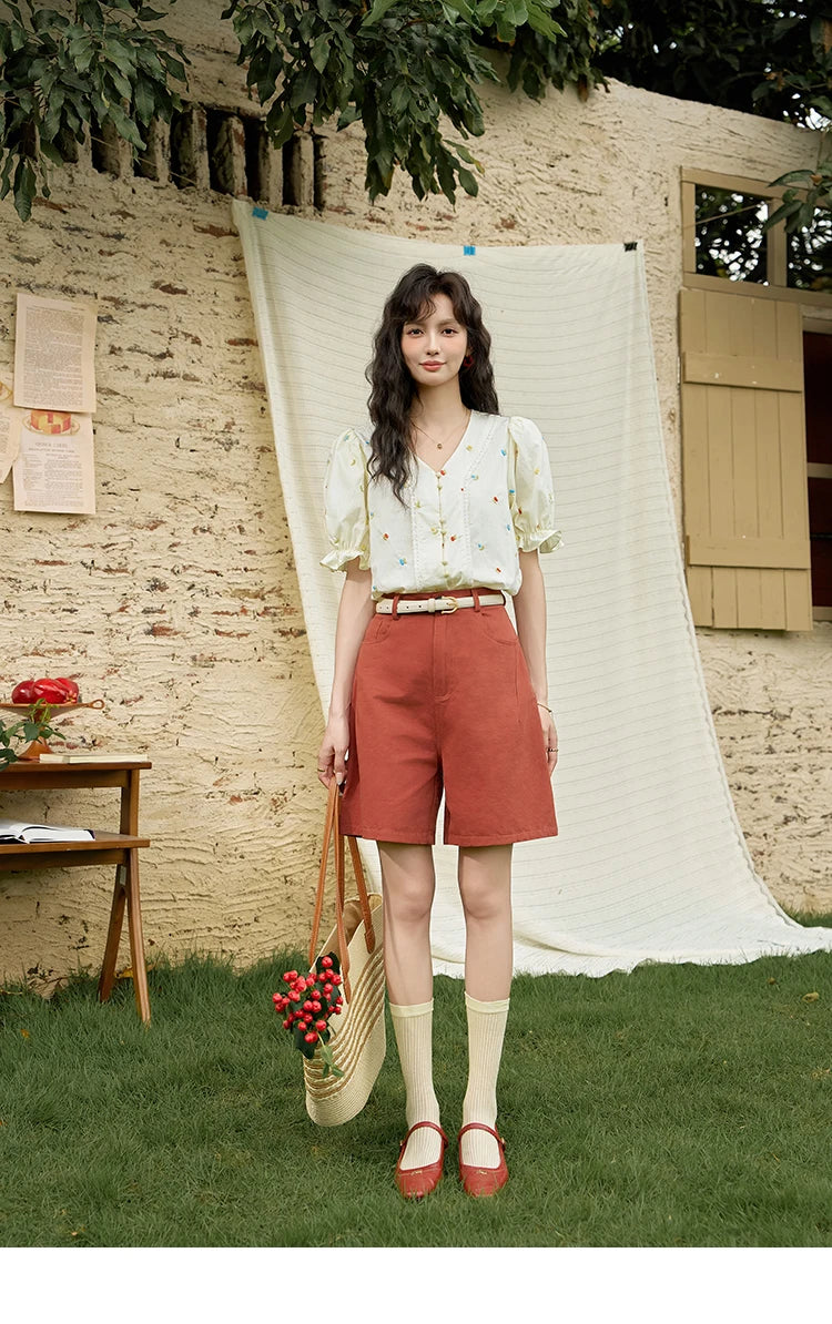 MISHOW 100% Cotton Women's Puff Short Sleeve Shirt 2025 Summer New Square Neck Blouse Embroidered Lace Patchwork Tops MXD22X1420