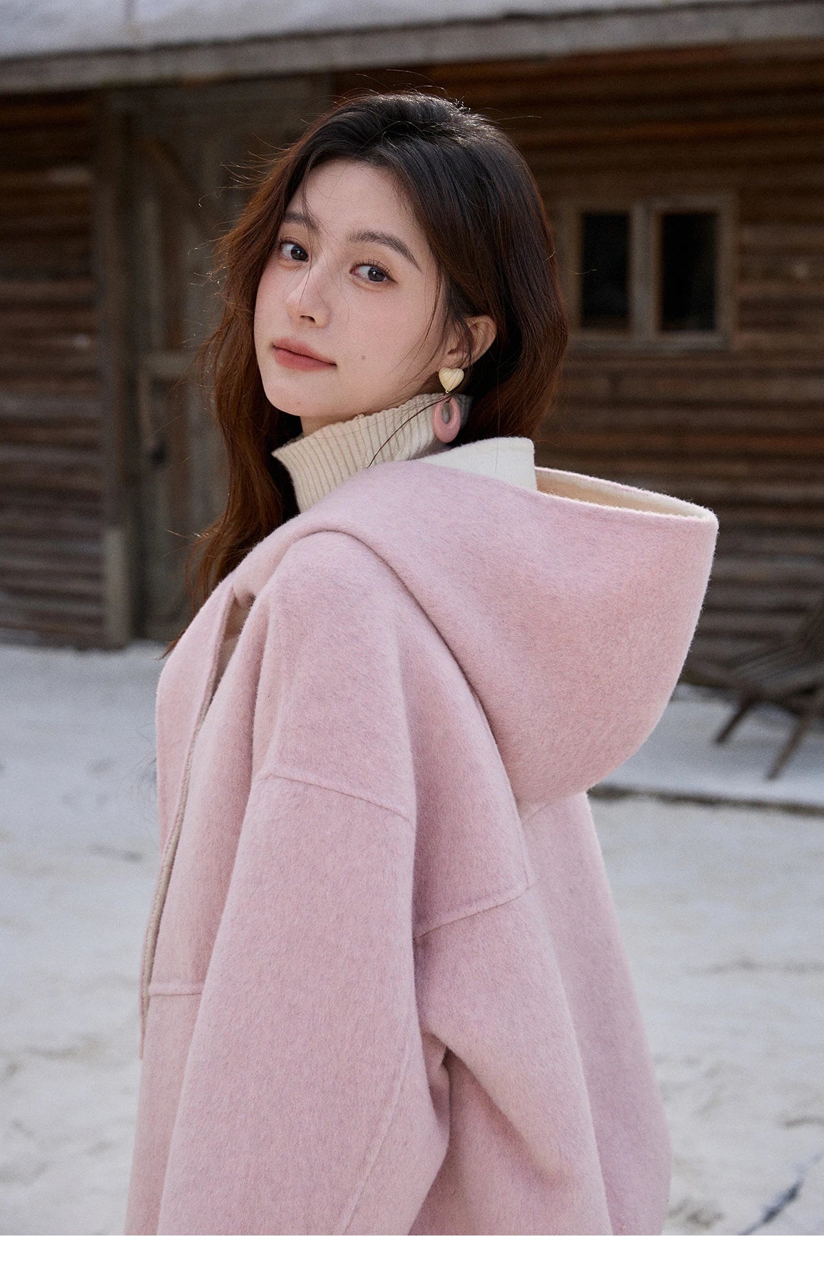 MISHOW Pink Wool Double-sided Woolen Coat Winter Hooded Bow Tie Strap Coats Loose Dropped Sleeves Coat Office Lady MXE91W1010