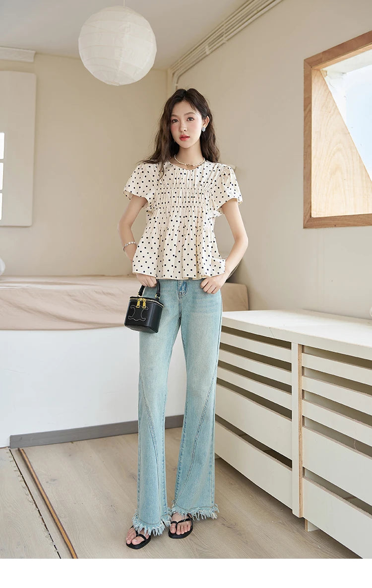 MISHOW Polka Dot Blouses for Women 2025 Summer French Flying Sleeve O Neck Elastic Folds Loose Retro Female Doll Top MXC39X1291