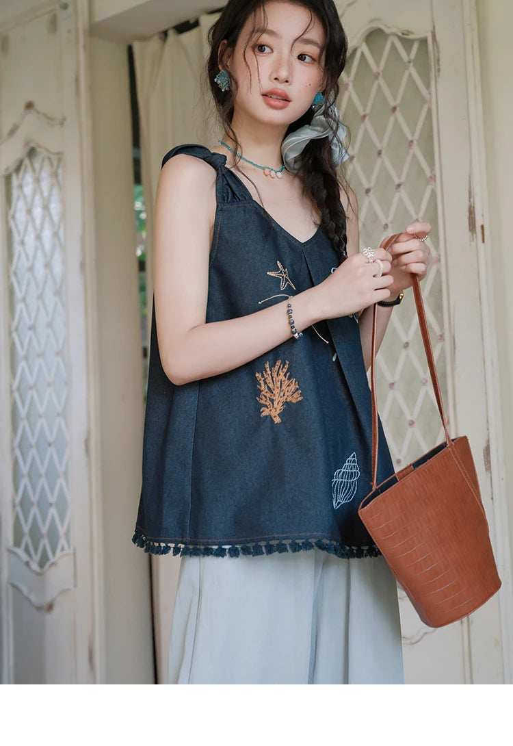 MISHOW Women's Fashion Strap Vest Summer 2025 Embroidery Lace Sleeveless Lady Camis Casual Vacation Tassel Denim Top MXE37X1860