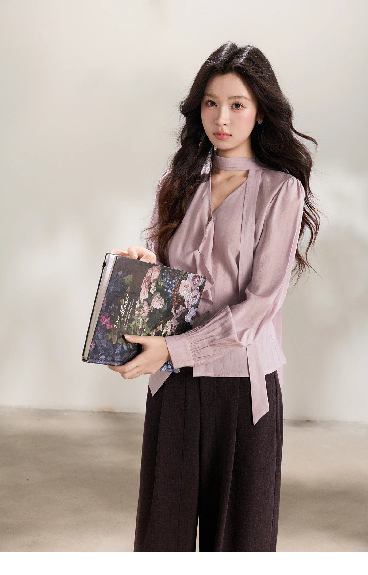 MISHOW Women's Purple Sweet Shirts 2026 Spring Ribbon V-Neck Ruffled Asymmetrical Shirt Back Lace-up Waist Casual Top MXF13X2527