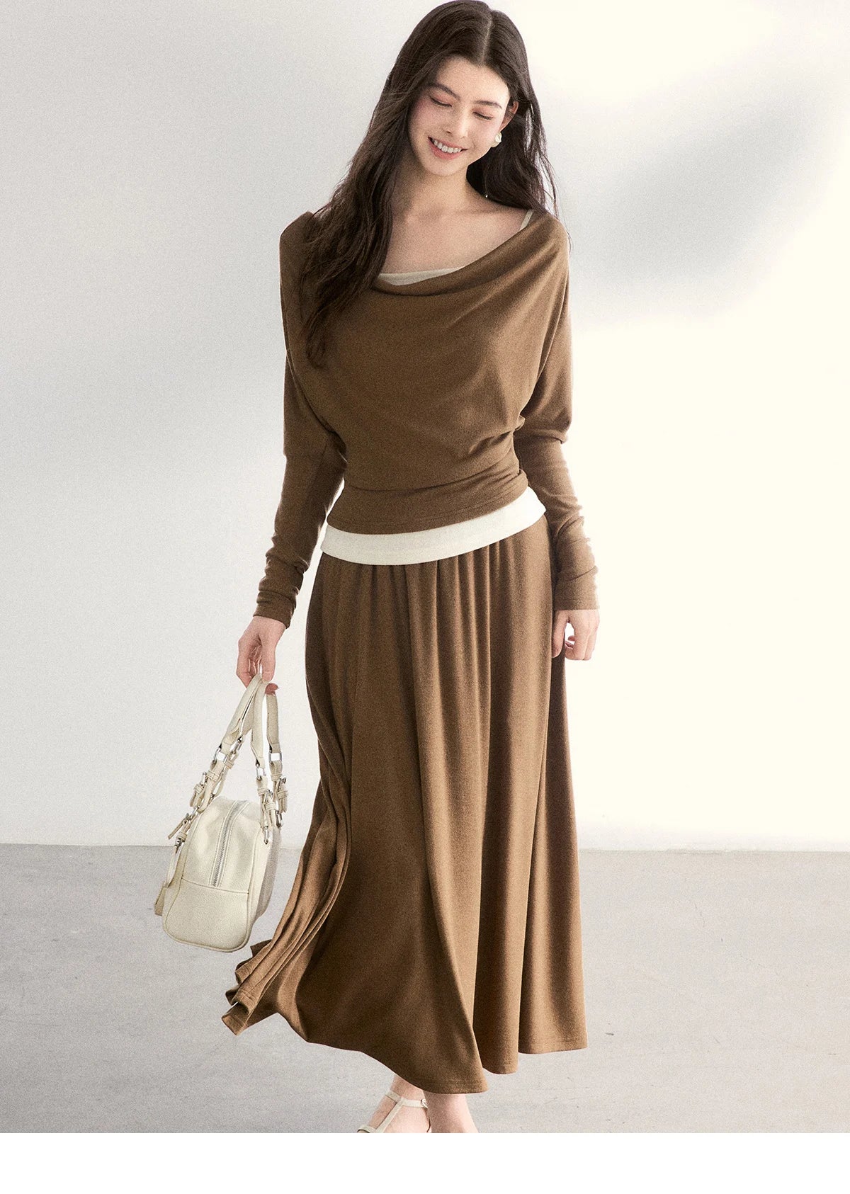 MISHOW Women's Draped Neck Tops with Camisole Two Piece Set 2026 Spring Long Sleeve Slim Casual Soft Brown Tops MXF11T1458