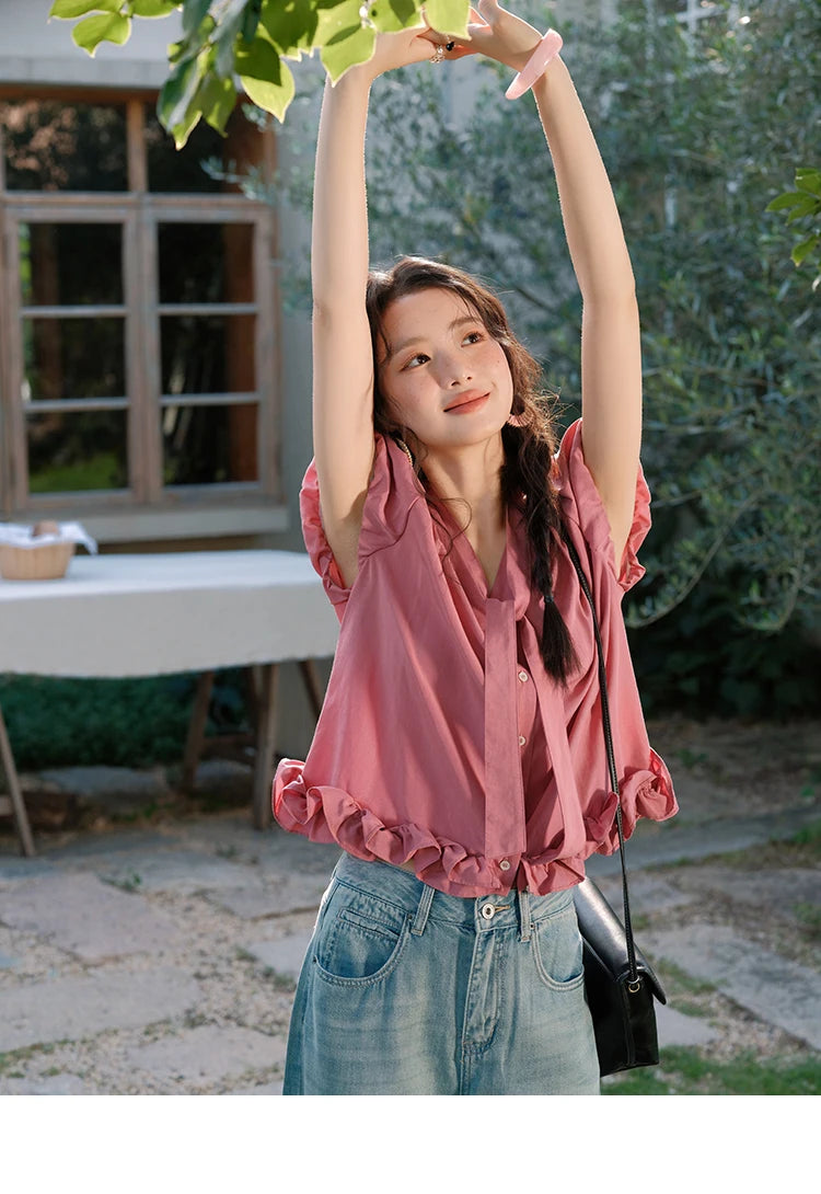 MISHOW Women's Summer V-neck Blouse 2025 New Fashion Puff Sleeve Lace Up Button Sweet Top Casual Female Clothing MXE38X1914