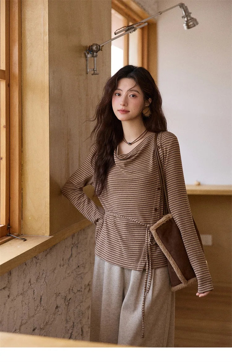 Mishow Retro Crew Neck Tie-Up Striped Top MXE87Z2700