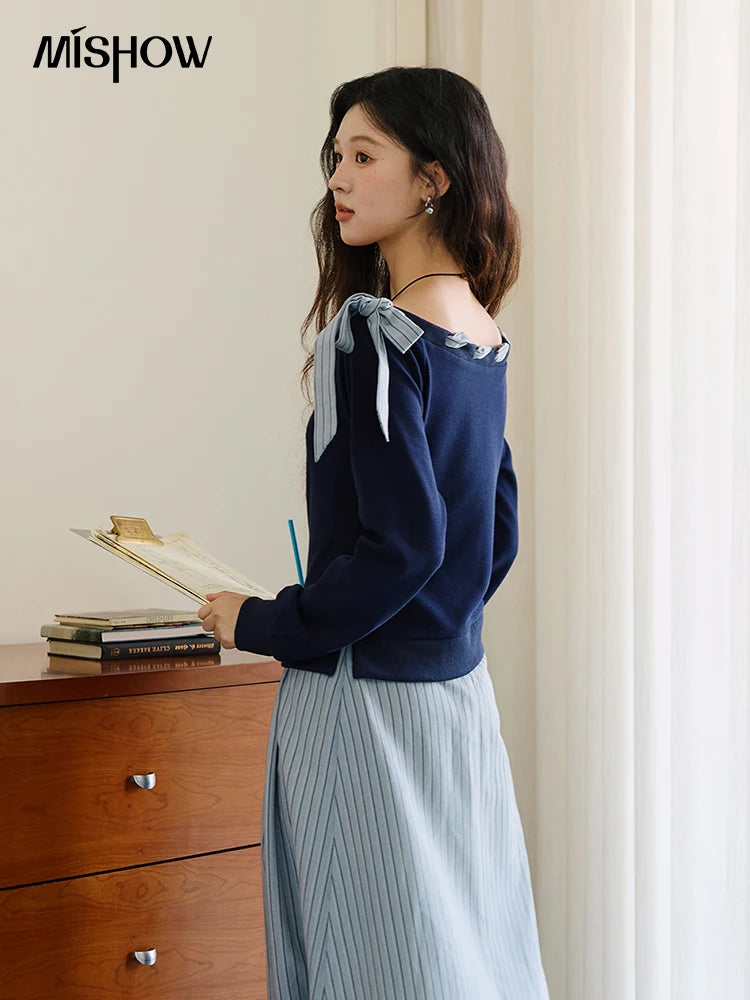 MISHOW Woman Striped Dress 2025 Autumn Blue Navy Slash Neck Contrast Lace Long-sleeved Dress Sexy Clothes for Women MXE45L2516