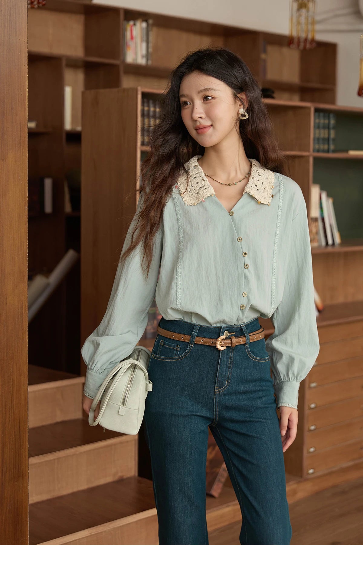 MISHOW Women's Linen Shirt 2025 Autumn Contrast Apricot Lapel Shirts Long Sleeve Curved Placket Tops Office Lady MXE43C2387