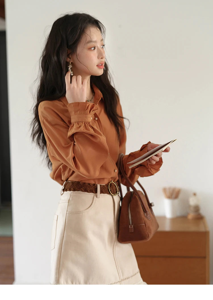 MISHOW Women's Shirts 2025 Autumn Color Blocking Buttons Pleated Cuffs Loose Top Female Solid Lapel Commuting Shirts MXE41C2352