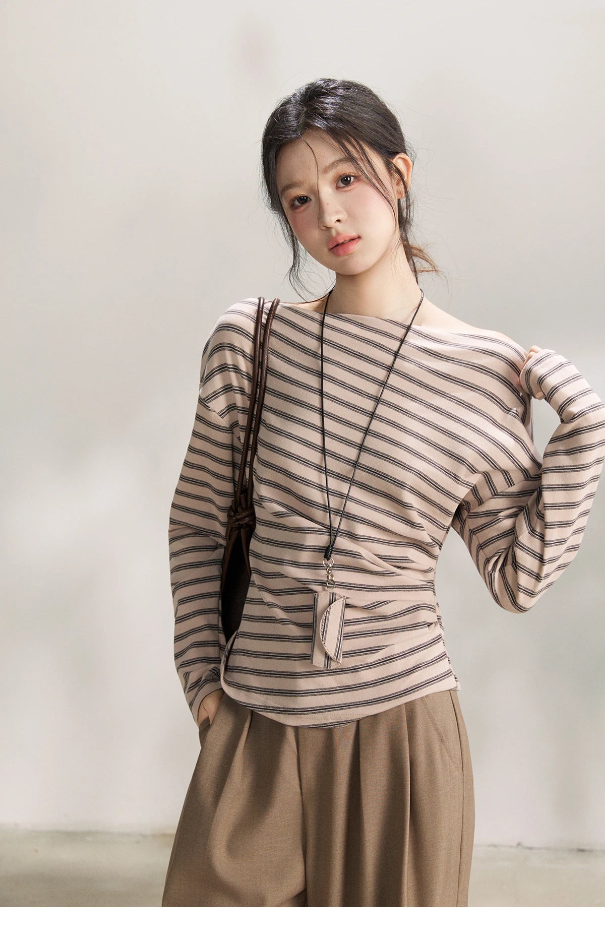 MISHOW Striped Boat Neck Long Sleeve Tops 2026 Spring Ruched Side SlimCasual Soft Breathable T-Shirt with Necklace MXF13T1514