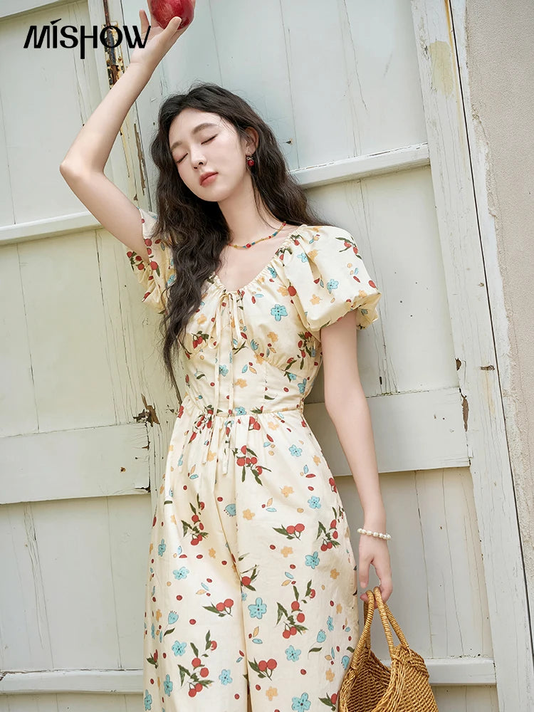 MISHOW French 100 Cotton Floral V-neck Dress Women 2025 Summer Bubble Sleeve Drawstring Lace-up Temperament Dresses MXD30L1868