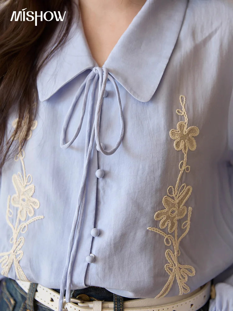 MISHOW Women's 100% Lyocell T-Shirt 2025 Autumn Flower Embroidered Tops Puff Sleeves Lapel Lace-up Shirts Office Lady MXE42C2371