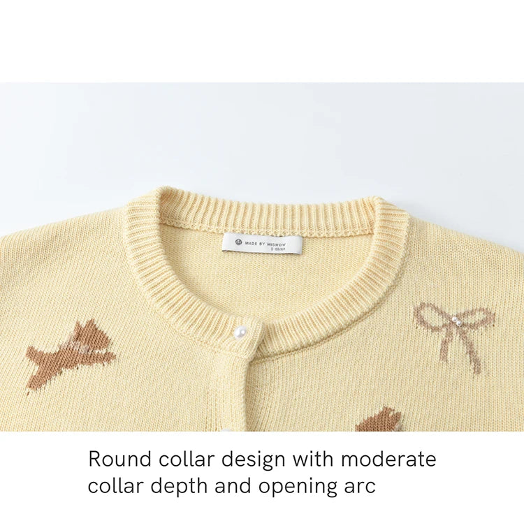 MISHOW Dog Bow Jacquard Knitted Sweater 2025 Spring Yellow Single Row Pearl Button Top Round Neck Elegant Sweaters MXE13Z1197