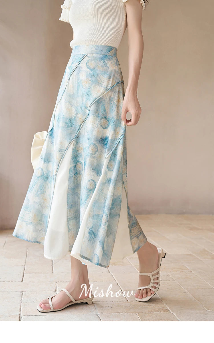 MISHOW French Skirts of Women Fashion 2023 [Van Gogh Collection] Art Pleated High Waist Slim Fit Female A-LINE Skirts MXC39B0095