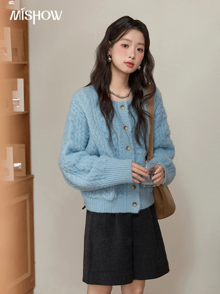 MISHOW Cardigan Women 2025 Autumn Winter Fashion Light Blue Retro Crew Neck Knitted Sweater Casual Loose  Pocket Top MXE49Z2614
