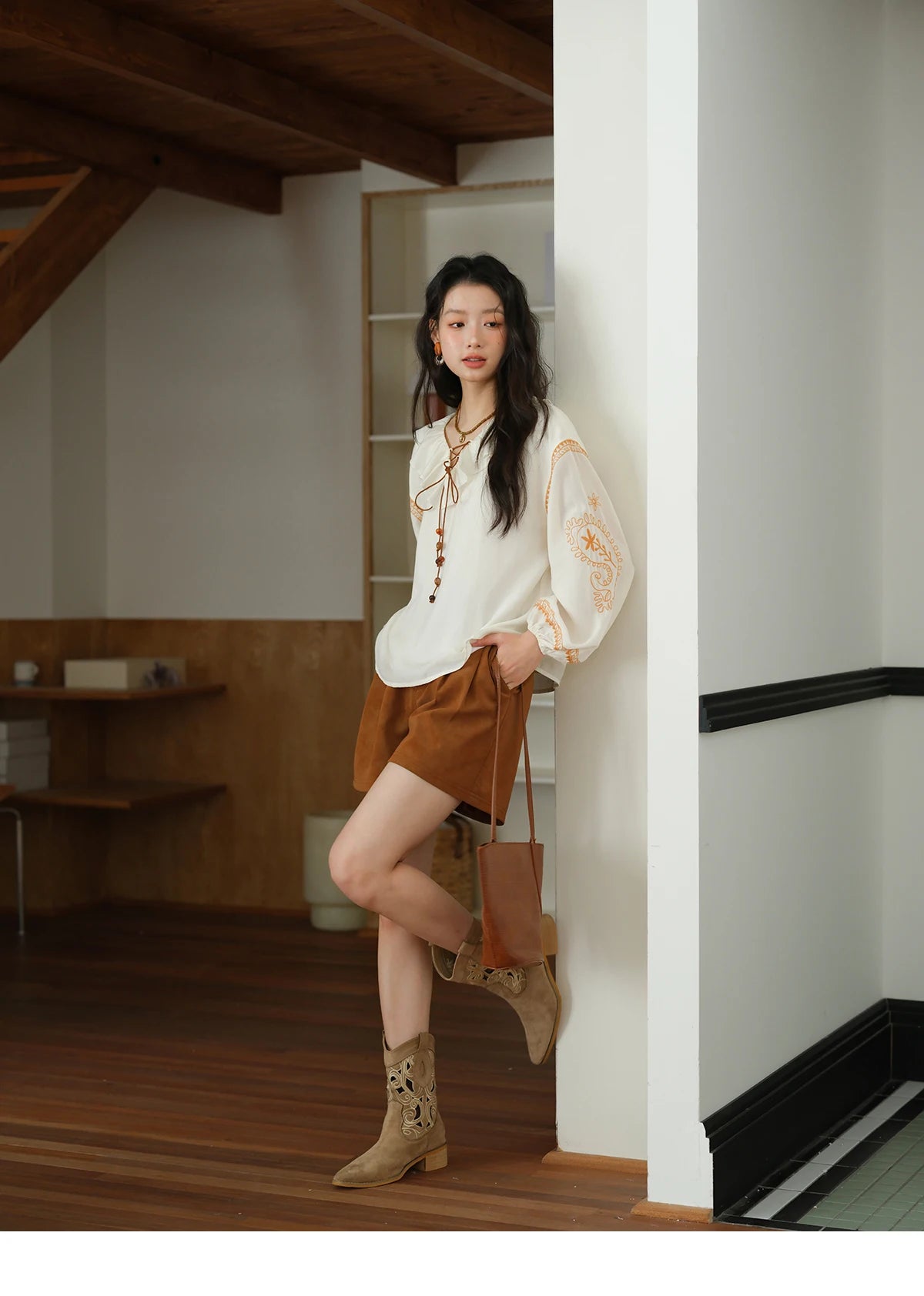 MISHOW Cashew Flower Embroidered Blouse Autumn 2025 Ruffle V-neck Lace Up Tops 100 Lyocell Lantern Sleeves Blouses MXE43X1987