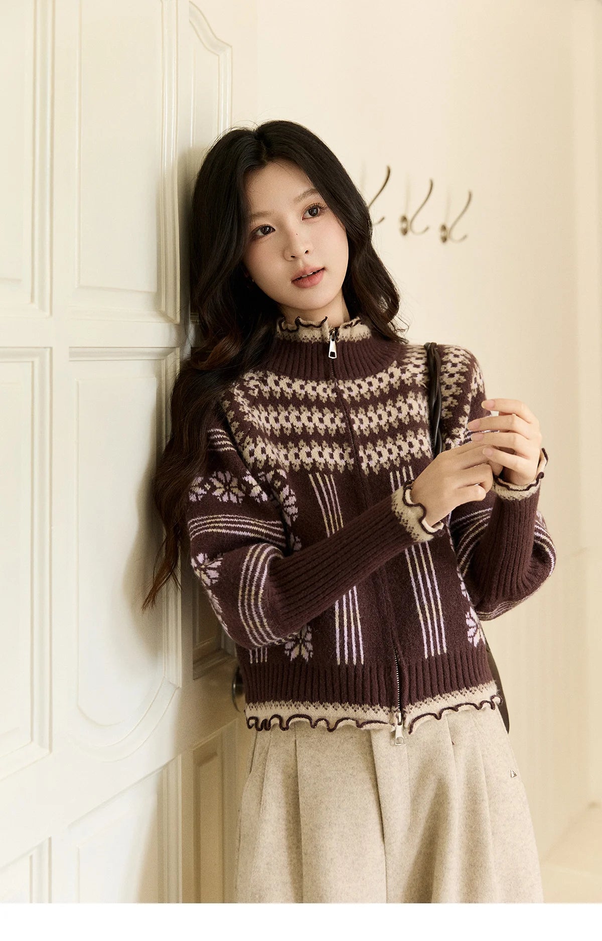 MISHOW Women's Brown Knitted Fair Isle Sweater Vintage Jacquard Lantern Sleeves Zipper Top Ruffled Trim Warm Sweaters MXE91Z2868