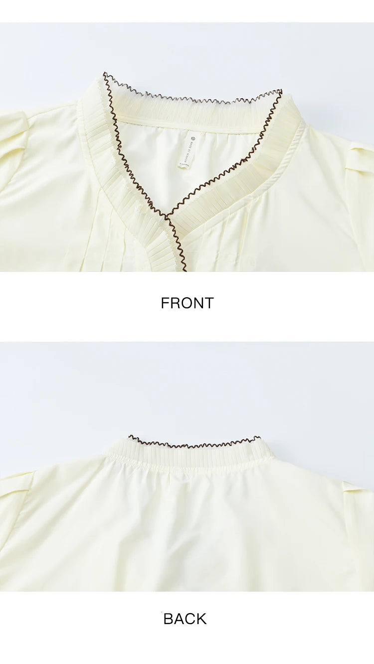 MISHOW Women's Apricot  Retro Blouses 2025 Autumn V-neck Pleated Double-layer Lace Tops Lantern Sleeves Loose Blouse MXE46C2404