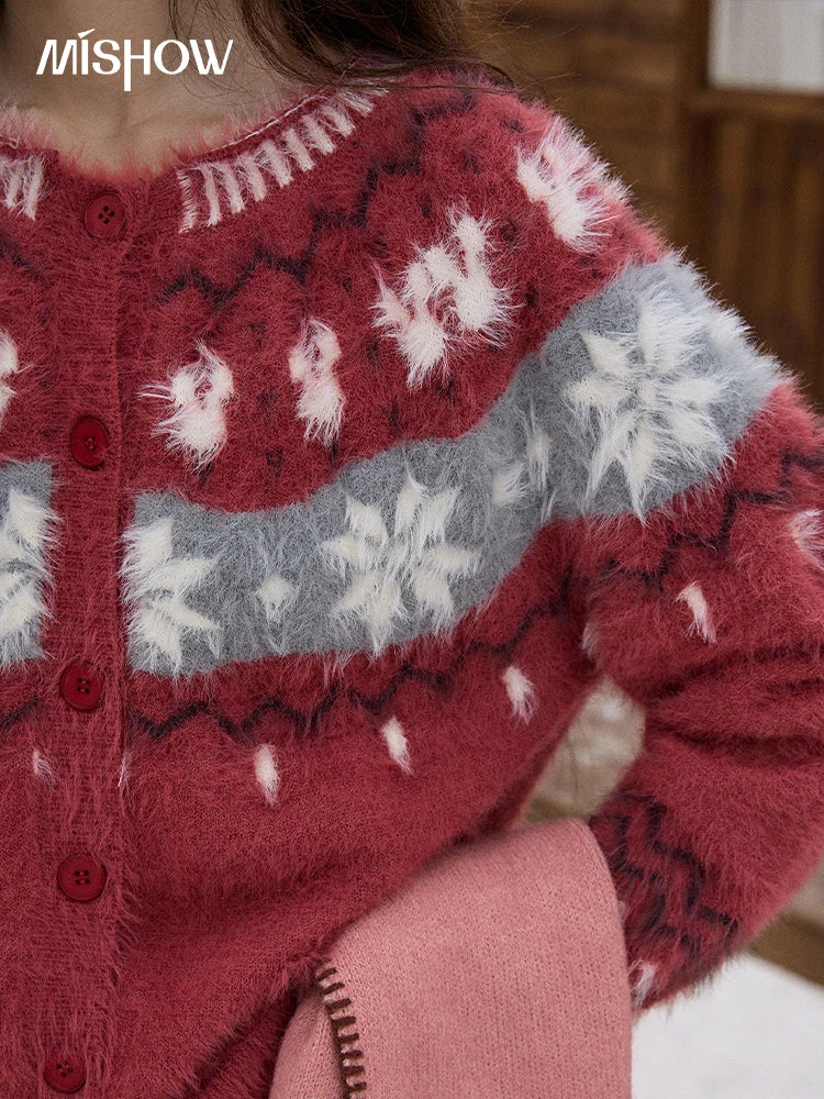 MISHOW Christmas Retro Red Imitation Mink Fur Soft Cardigan 2025 Winter Snowflake Jacquard Sweater Round Neck Tops MXE91Z2801
