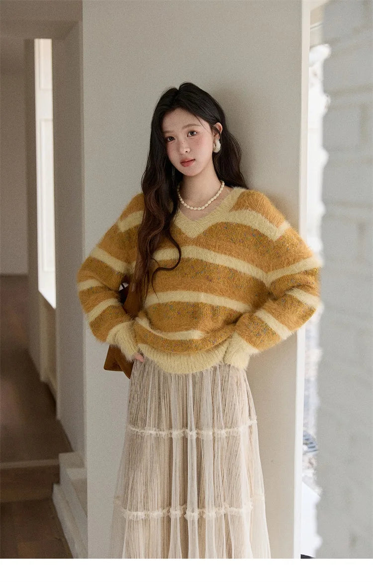 MISHOW Women's V-neck Knit Pullover Retro Yellow Striped Sweater 2025 Casual Faux Mink Jacquard Loose Knit Sweater MXE87Z2766