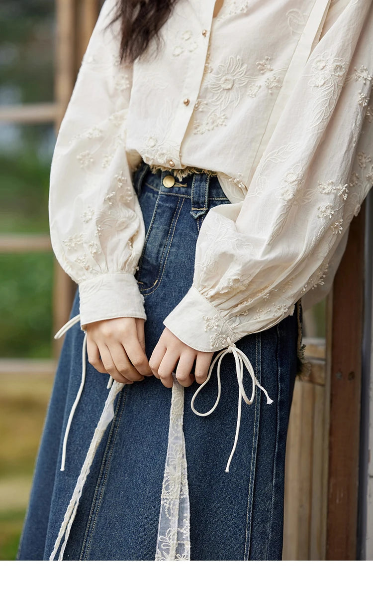 MISHOW 100Cotton Embroidered Jacquard Shirt for Women Spring 2025 Long Sleeved Loose Top Lapel Single Breasted Shirts MXE12C0391