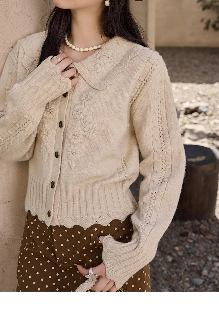 MISHOW Embroidered Sweater Women’s French Retro Doll Collar 2024 Fall Winter New Casual Long-sleeved Knit Sweater Top MXD35Z0895