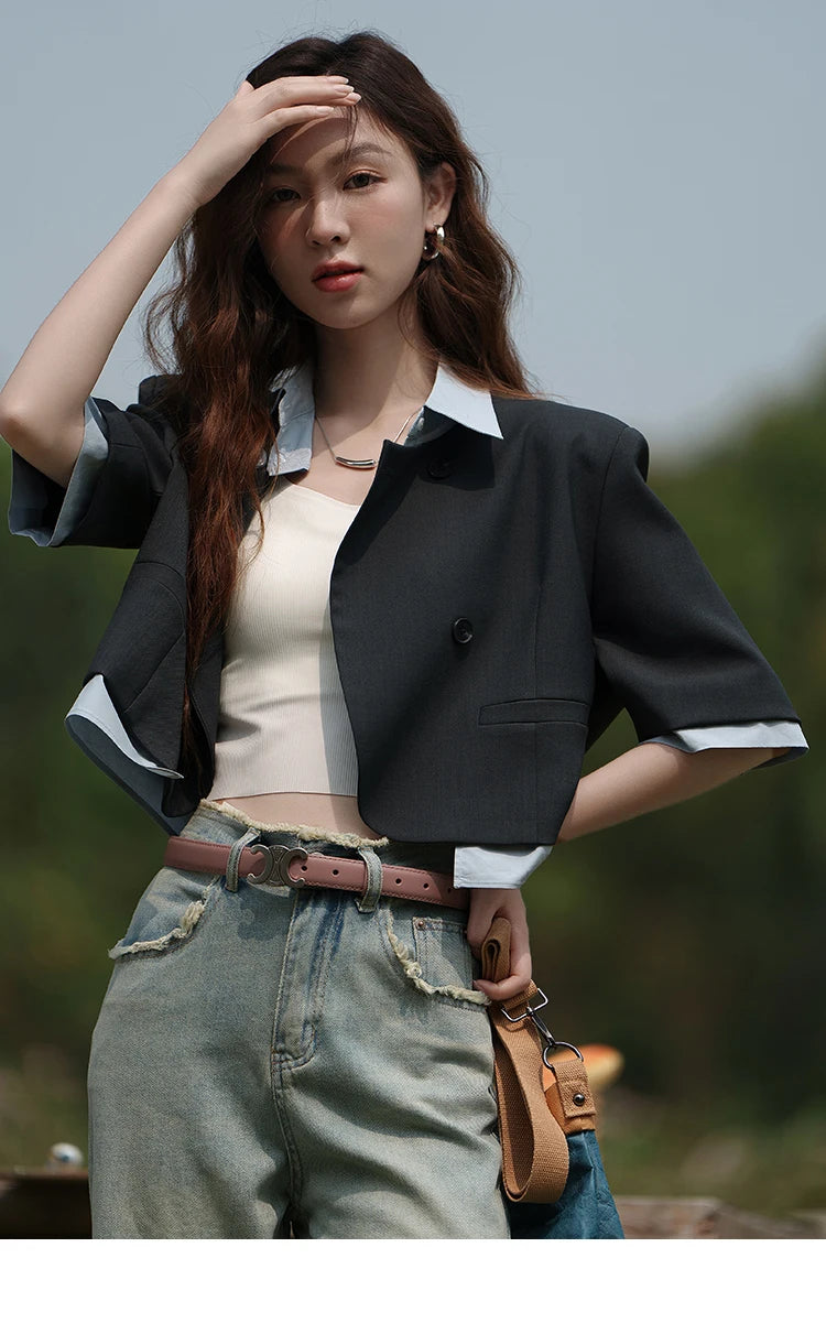 MISHOW Fake Two Short Suit Jackets for Women Summer Three Quarter Single Breasted Turn-down Collar Female Coats MXC33W0016