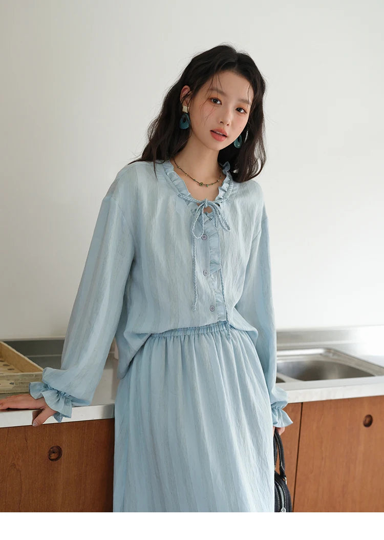 MISHOW Women's Light Blue Striped Linen Suit 2025 Autumn Fungus Edge V-neck Lace-up Shirt Elastic Waist Skirt Two pcs MXE41T0700