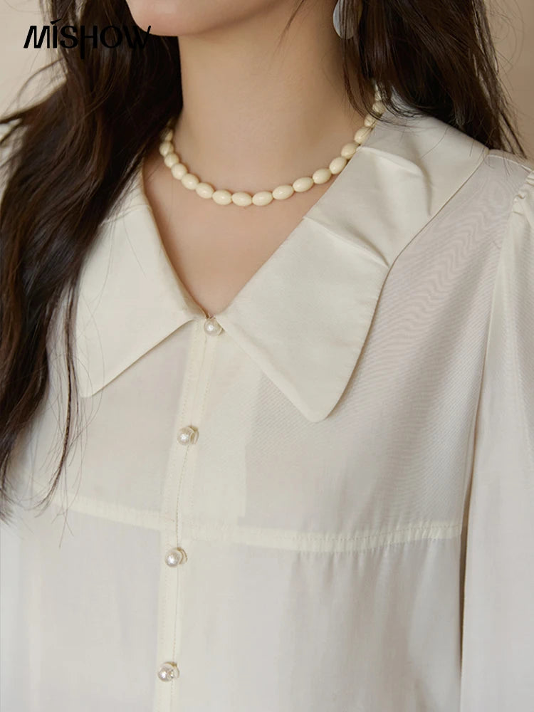 MISHOW Women's French Lace Patchwork Shirt 2025 Autumn Butterfly Collar Lantern Sleeves Apricot Elegant Commuting Top MXE41C2357